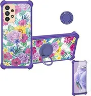 Case for Samsung Galaxy A33 5G Phone Case Cover [with 1*Tempered Glass Screen Protector][Hard PC + Soft Silicone][Ring Support] [Colorful Reflect Light] IMDZ-HUA1