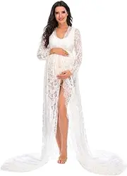 [ZIUMUDY] Maternity Deep V-Neck Split Front See-Through Maxi Lace Dress for Photography with Long Sleeve