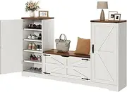 YITAHOME Shoe Cabinet, Farmhouse Shoe Storage Cabinet with Bench and Adjustable Shelves, U-Shaped Shoe Organizer Cabinet with Storage for Entryway, Hallway, Living Room, Mudroom, Office, White & Brown