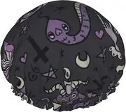 BKDODKS Purple Black Goth Spooky Print Shower Cap For Women Lightweight Reusable Softdouble Waterproof Layers Leakproof.