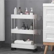 QNA 3 Tier Slim Storage Cart, Conveniently Slide Out Organizer Shelf Trolley for Kitchen Bathroom Pantry Laundry Narrow Space, Mobile Narrow Rolling Cart with Wheels-Plastic (White) (3-Tier)