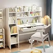 BALANBO Kids Desk Kids Table and Chair Set with Drawers and Bookshelf Rubber Wood Kid's Media Desk Student Learning Computer Workstation and Writing Desk(White)