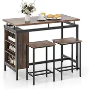 Giantex 3-Piece Dining Table Set, Antique Counter-Height Dining Table & 2 Bar Stools w/ 3-Tier Storage Shelf, Metal Frame, Space-Saving Pub Bistro Table Set for Small Places, Kitchen Dining Room Home