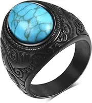 [LXBQYSTO] Retro Large Tiger Eye Stone Turquoise Wedding Ring For Men Classical Gothic Stainless Steel Rings