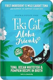 Tiki Cat Aloha Friends Grain-Free, Low-Carbohydrate Wet Food with Flaked Tuna for Adult Cats & Kittens, 3oz Pouch, 12pk, Tuna, Whitefish & Pumpkin