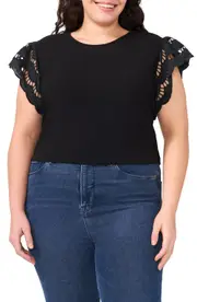CeCe Embroidered Flutter Sleeve Mixed Media Top in Rich Black at Nordstrom, Size 1X