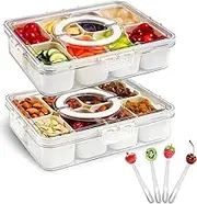 2pcs Snack Container, Snackle Box Divided Serving Tray with Lid and Handle with 8 Compartments & 4 Forks, Portable Snack Box for Fruits, Veggie, Candy, Snacks, Clear Snack Tray for Party Picnic Travel