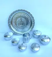 Vintage Style Thai Tray Silver Aluminium Size 32 cm & 6 Bowls with Lid & 1 Cup