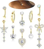 [LOLIAS] 10 Pcs Gold Belly Button Ring -Dangle Surgical Stainless Steel Belly Rings for Women 14G CZ Heart Opal Clicker Floating Navel Belly Button Piercing Silver/Gold/Pink