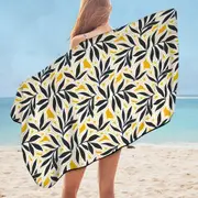 Dark Green Leaves over Yellow Microfiber Beach Towel