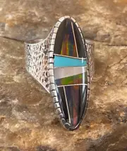 Navajo Multi-Color Opal & Turquoise Inlay Sterling Silver Ring Size 7 01584