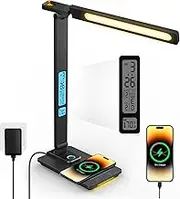 Desk Lamp LED Dimmable with Charging Function Clock - Table Lamp Night Light with 10 W Wireless Charger, USB Port Foldable Desk Lamp, Touch 5 Levels Dimmable Lighting, 3 Modes
