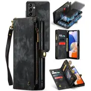 CaseMe For Samsung Galaxy A14 5G Zipper & Detachable Retro Leather Pouch Wallet Flip Purse Bag Detachable Phone Case Cover (Black)