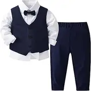 [Billion Xin] Boys' Suit Set Long Sleeve White Shirt & Vest & Trousers + Tie Tuxedo for Festive Party Wedding Christening Clothing