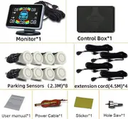 8 Parking Sensor Parktronic Car Automobile Reversing Backup Radar Electronics Rear Auto Detector Backing Assistance Kit Buzzer Pearl White