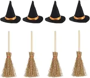 Mini Witch Hats and Mini Broom Halloween Decorations Wizard Accessory for Halloween Party Birthday Wedding DIY Crafts Accessories (4Pcs Black Witch Hats+4Pcs Broom Sticks）