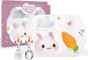 PHEENOWL Rabbit Plate Set for Toddlers, BPA-Free Divided Plates and Utensils for Kids, Durable Plastic Reusable 4 Compartment Plates, Picky Eater Friendly Dinnerware Set for Girls