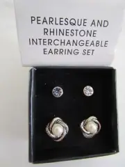 AVON=PEARLESQUE & RHINESTONE INTERCHANGEABLE EARRING SET-NIB
