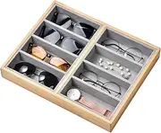 Lunavita Natural Bamboo Velvet Lining Glasses Eyeglass Eyewear Sun glasses Sunglasses Box Storage Case Tray Display Showcase Organizer Box (8 Grids)