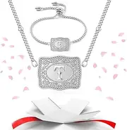 [HUIQINGLI] Belt Buckle Dainty Sliver Initial Necklace Bracelet Jewelry Set for Women, Embossed Belt Buckle Necklaces Personalized Letter Pendant Jewelry Gifts