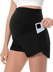 [Foucome] Women's Maternity Workout Shorts Over The Belly Bump Quick-Dry Yoga Running Pregnancy Shorts Zipper Pocket