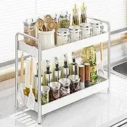 FOTN Stainless steel kitchen countertop shelf condiment spice storage rack, 2-tier desktop white seasoning can tank storage rack kitchen supplies organizer shelf (2-tier)