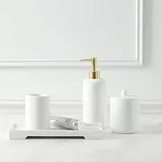 QL DESIGN Bathroom Accessory Set 4 Pcs Elegant White Look Bathroom Accessories Sets Complete with Soap Dispenser, Tumblers,Vanity Tray and Cotton Jar, (Elegant White)