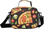 Pizza Food Black Insulated Lunch Box for Women Men - Ideal for Work, Picnics - Includes Adjustable Shoulder Strap