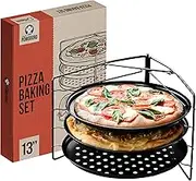 Chef Pomodoro Pizza Baking Set with 3 Pizza Pans and Pizza Rack, (13-Inch Pans), Non-stick Perforated Pizza Trays for Oven, Grill, Pizza Pan with Holes, Pizza Pan for Oven, Barbeque Black CP-PP