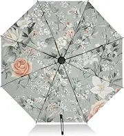 [FRODOTGV] White Peach Rose Lily Flowers Compact Umbrella Windproof Inverted Travel Umbrella for Sun Sun 8 Ribs Large Folding UV Umbrella Automatic for Women Men