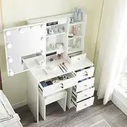 Makeup Table with Mirror and Lights, Makeup Vanity Table with Drawers & Shelves & Stool, Modern Vanity Desk Stool Set