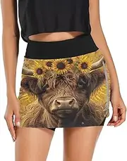 [RPLIFE] Vintage Highland Cow Sunflowers Womens Exercise Skirt, High Waisted Tenni Skort, Active Skorts for Women