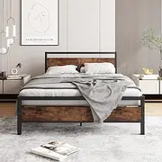 [VERFARM] Double Bed Frame Double Size with Wood headboard,Heavy Duty Metal Platform Double Bed Frame Double No Box Spring Needed,Industrial Bed Frame with Storage,Reinforced Steel Slat Support,Brown