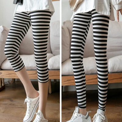Women's Striped Modal Leggings Black White Tight Pants