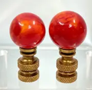 PAIR Brass Lamp Finials 1" Glass Ball Marbles Dark Red-Orange Fire Lava lot#1871
