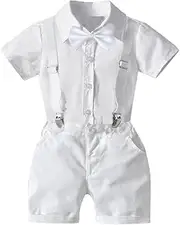 [IBTOM CASTLE] Baby Boys Gentleman Suit, Toddler Wedding Outfits Bow Tie Short Sleeve Shirt Suspenders Shorts 4pcs Set Kids Tuxedo Formal Clothes Cake Smash Holiday Birthday Party Christening Ring Bearer Clothes