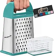 GORILLA GRIP 4-Sided 100% BPA-Free Cheese Grater With Container, Stainless Steel Box Graters, Parmesan Shredder, Grate Cheeses, Shred Veggies, Slip Resistant Handle, Dishwasher Safe Zester, Turquoise