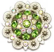 1-1/2" Flower Concho with Green & Clear Rhinestones and screw.