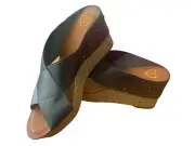 Madeline Adonis Cork Wedge Platform Sandals Womens 7 Pewter Elastic Cross Strap
