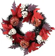 EXQUIMEUBLE 1Pc Halloween Skull Pumpkin Wreath Simulated Maple Leaf Garland Decor for Halloween Festival Decoration for Home Office and Party Use
