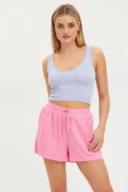 Pink Mini Shorts High Rise Linen Blend - Size 8, Women's Shorts