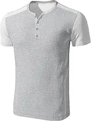 [Zylphorix] Men Waffle Color Matching T-Shirt Oversized Quarter Button Henry Shirt Summer Classic Comfortable Polo Shirt, Light Grey, Small