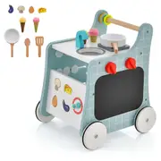 Costway 6in1 Wooden Kitchen Cart Kitchen Play Set w/Accessories Stroller Learning Activity Center Blue