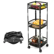 Giantex Foldable 3-Tier Utility Rolling Cart Metal Vegetable Storage Basket Stand on Wheels Kitchen Storage Organizer Trolley Square