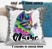 Cat Sequin Cushion Cover Magic Mermaid Pillow - Personalised