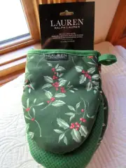 RALPH LAUREN MINI OVEN MITTS SET OF 2 NWT MISTLETOE THEME QUILT LINING COTTON