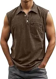 [Generic] Fashion Men's Henley Shirts Sleeveless Big and Tall Beach Tank Tops Muscle Gym Slim Fit Running V Neck Button Up Tee Vest