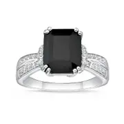 Emerald-Cut Black Onyx and White Topaz Collar Split Shank Ring in Sterling Silver