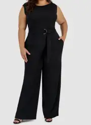 Anne Klein Women Black Crewneck Wide-Leg Belted Jumpsuit Plus Size 3X