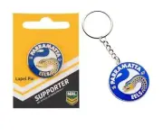 SET OF 2 PARRAMATTA EELS NRL TEAM LOGO METAL PIN BADGE & MASCOT KEYRING